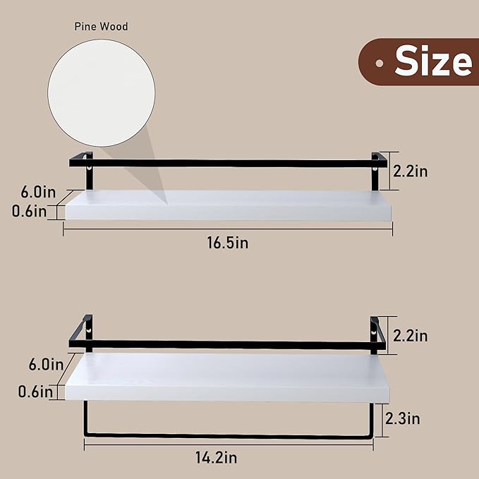 White Wood Floating Shelves Wall Mounted - 2+1 Tier Rustic Bathroom Wall Shelves Over Toilet with Towel Bar, Natural Wood Set of 2 Farmhouse Floating Shelf for Bathroom, Kitchen, Bedroom.