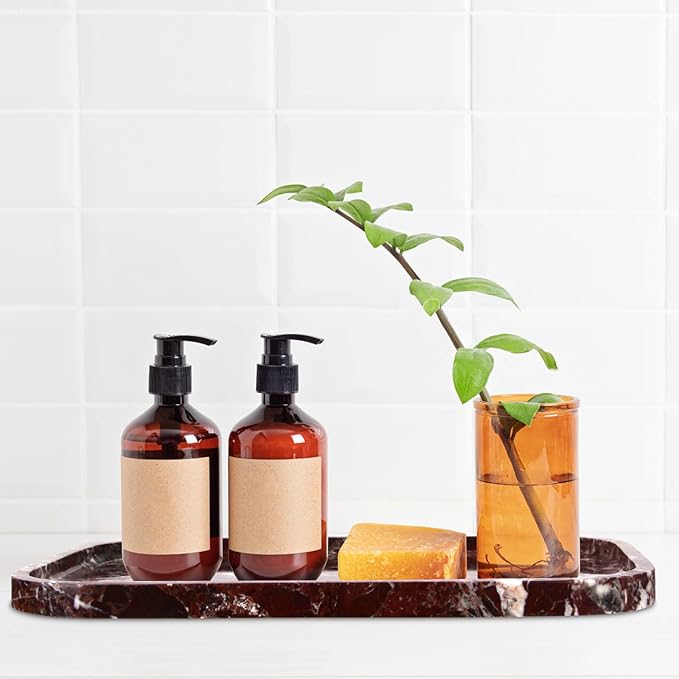 Marble Bathroom Vanity Tray, Natural Marble Home Kitchen Table Tray, Stone Decorative Countertop Serving Organizer for Dresser Coffee Perfume Jewelry Makeup (1, Rosso Lepanto L, 12 * 8 * 0.8)