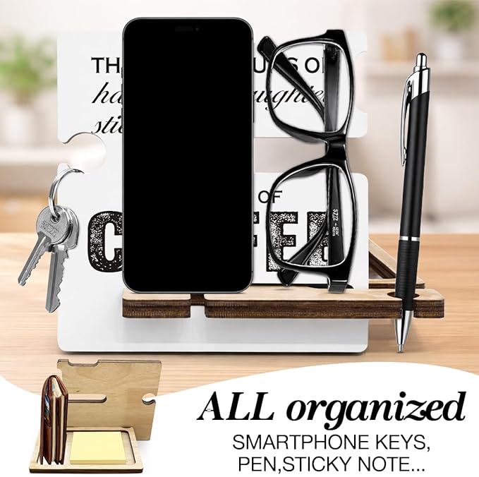 Inspirational Gifts for Coffee Lover - Multi-functional Desk Organizer - Motivational Positive Office Quote Wooden Sign for Office Desk Shelf Decor