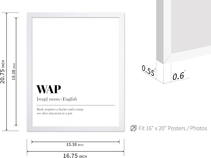 Poster Master Typography Poster - Dictionary Print - WAP Definition, Wet, Requires Bucket and Mop, Minimal, Funny - Gift for Girl, Friend - Wall Decor for Home, Bedroom, Dorm, 16x20 White Framed