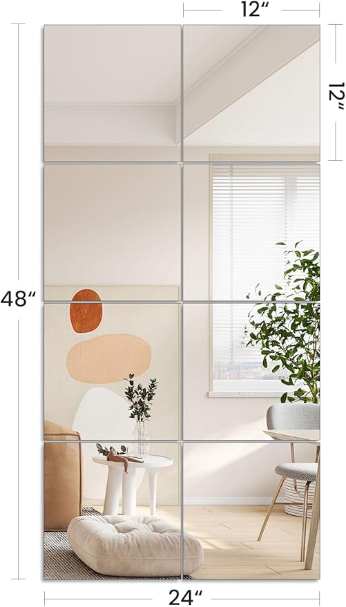 JAMBALAY Home Gym Mirrors for Gym, 8Pcs 12″×12″ Square HD Glass Full Length Wall Mirror Tiles, Self Adhesive Frameless Wall Mirror for Bedroom, Living Room, Over The Door