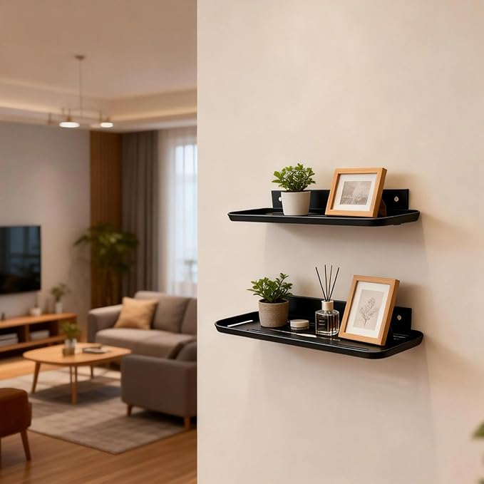 2pc Wall Mounted Floating Shelf, Self Adhesive Small Shelf, No Drill Shelves for Wall, Floating Shelves Damage-Free Expand Walls Space for Living Room Kitchen Bathroom (2, Black)