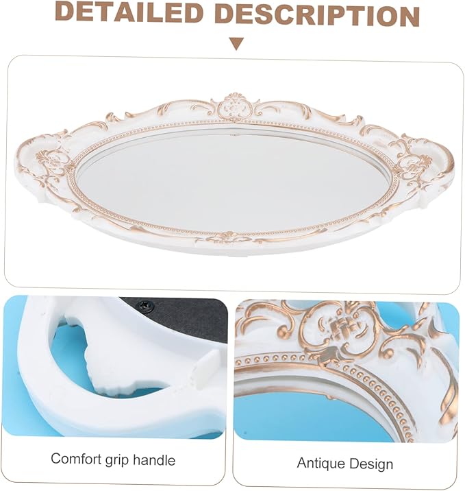 PRETYZOOM Oval Decorative Mirror Tray Vintage Decorative Jewelry Organizer for Makeup and Photo Props Elegant French Style Design for Home and Special Events