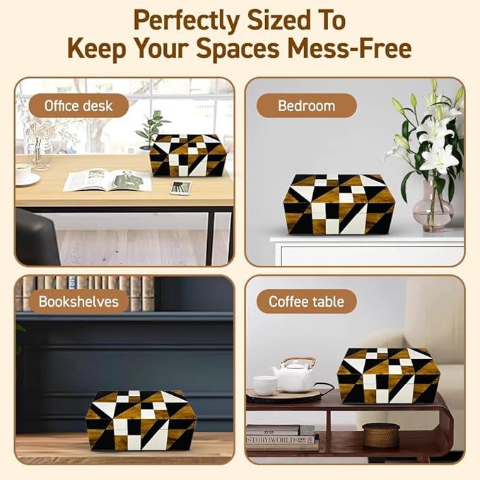 Perilla Home Home Decor Decorative Storage Wooden Box Small Geometric Organizer Tool Stash Card Craft Trinket Memory Keepsake Jewelry Box for Men and Women, Gifts For All, Brown, Black and Off White