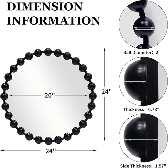 Round Black Mirror 24'', Spherical Frame Round Beaded Mirror for Wall Decor Large Circle Mirror for Bathroom, Dining Roon, Bed Room, Entryway