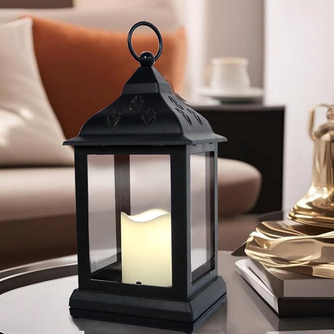 Bright Zeal 2-Pack 9.5" Vintage Decorative Candle Lantern with LED Flickering Flameless Candle (Black, 8hr Timer) - Indoor Hanging Lanterns Decorative Lanterns Battery Powered LED Candle Timer Candle