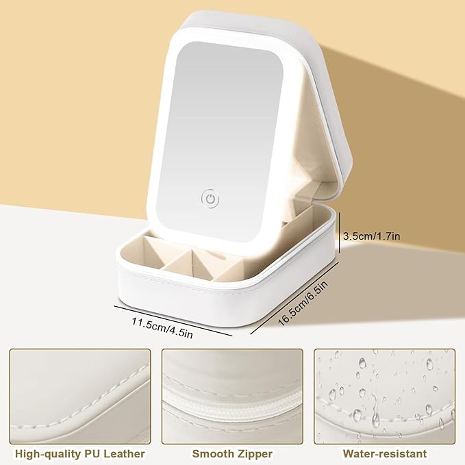 Portable LED Makeup Bag with Adjustable Light-Up Mirror - Three-Color Lighting | Dust-Proof Cosmetic Case with Multi-Compartment Storage and Jewelry Organizer (White)