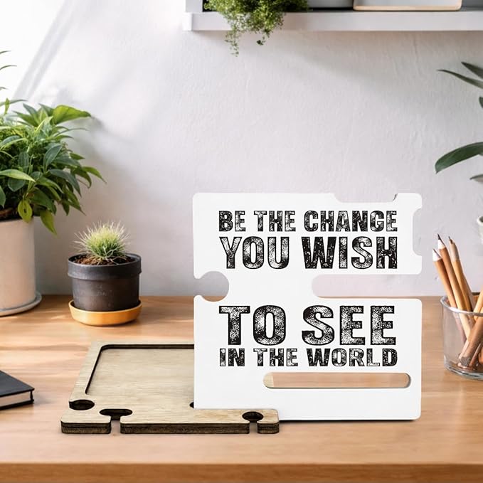 Inspirational Graduation Gift - Multi-functional Desk Organizer - Motivational Positive Office Quote Wooden Decor Sign for Desk Shelf Table