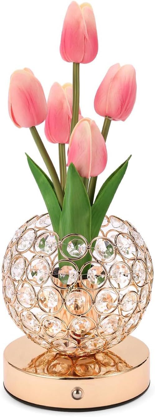 Cordless Tulip Flower Lamps, 3 Colors Touch Stepless Dimming Crystal Night Light, Rechargeable Artificial LED Flower with Vase Lamp Romantic Decor for Mothers Day,Xmas,Birthday (Pink)