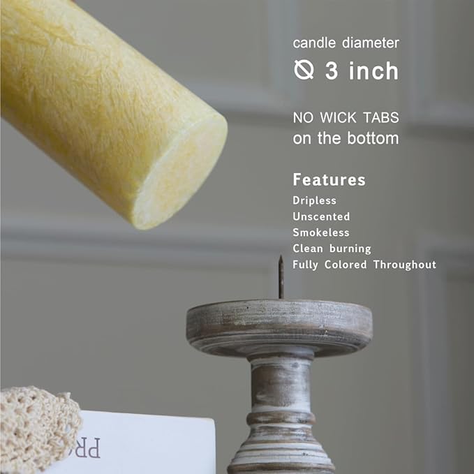 MOZEAL Hand-Poured, Unscented Yellow Crystal Pillar Decorative Candles, Elegant Set of 3 in Different Sizes (3"x4", 3"x5", 3"x6"), Luxurious Décor for Spring Homes & Events