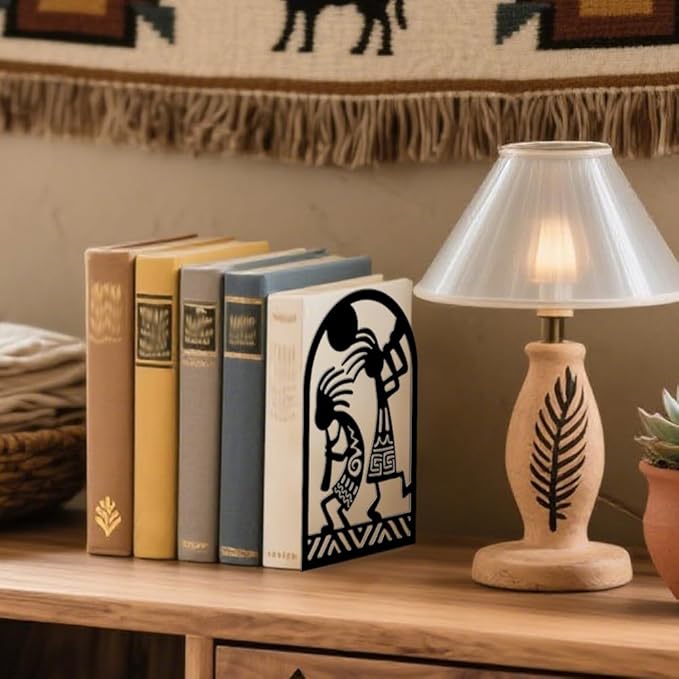 Peacoblue Metal Bookends for Shelves, Modern Decorative Heavy Duty Study Book Ends Stoppers for Office, Desk, Shelf, Room 5.3"x4.3"x7.9" Cast Iron Tall Bookends 1 Pair (Kokopelli Tribal-Flute Player)