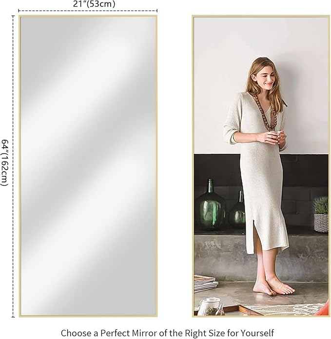 Koonmi 64"x21" Floor Mirror Full Length, Bedroom Floor Body Mirror with Stand, Large Gold Mirror, Leaning, Standing or Hanging Horizontally/Vertically