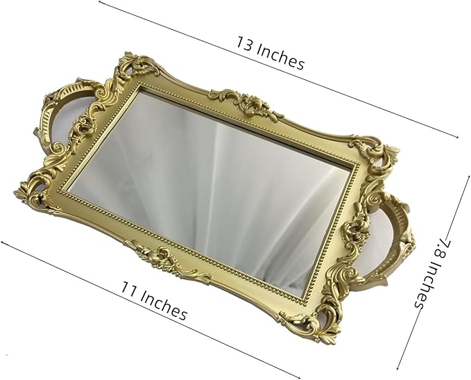 Small Rectangle Decorative Mirror Tray, French Style, Makeup Organizer, Jewelry Organizer, Serving Tray, 13"x 7.8", Golden Pink