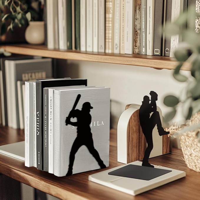 Peacoblue Metal Bookends for Shelves, Modern Decorative Heavy Duty Study Book Support Stoppers for Office, Desk, Shelf, Room 5.3"x4.3"x7.9" Cast Iron Simple Tall Bookends, 1 Pair (Baseball)