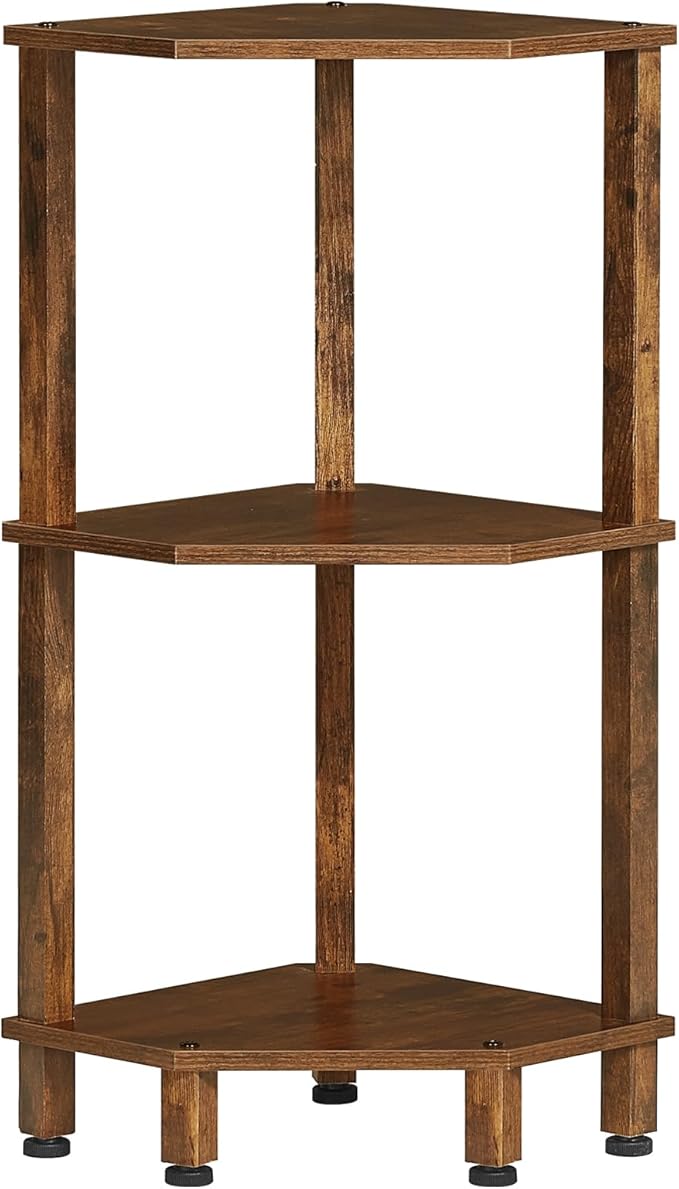 YUFAM 3-Tier Corner Shelf with Sturdy 5-Leg Base, 28in Tall Narrow Bookcase for Small Spaces, Wooden Plant Display Shelf, Thin Bookshelf for Living Room, Bedroom, Office, Brown