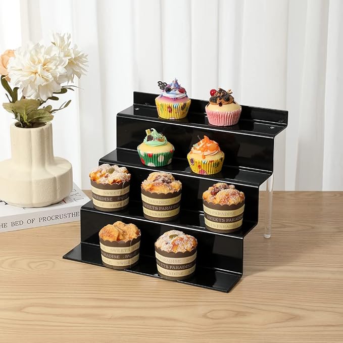 Acrylic Stands for Display,4 Tier Black Cupcakes Perfumes Cologne Funko Pop Figurines Display Stand Risers Shelf for Decoration and Organizer(2pack,12 x 9 INCH)