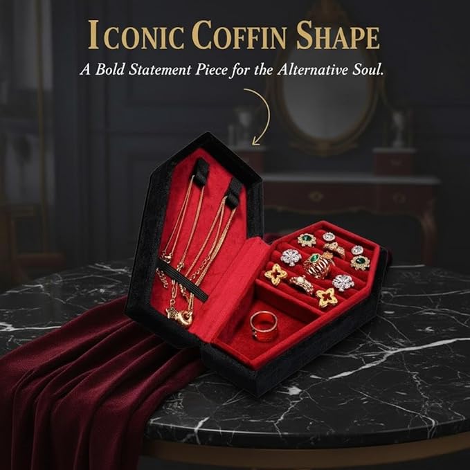 Gothic Coffin Jewelry Box for Women Plush Velvet Travel Jewelry Organizer Small Portable Case for Rings Earrings Necklaces Witchy Room Decor Spooky Gift Dark Academia Aesthetic Jewelry Holder
