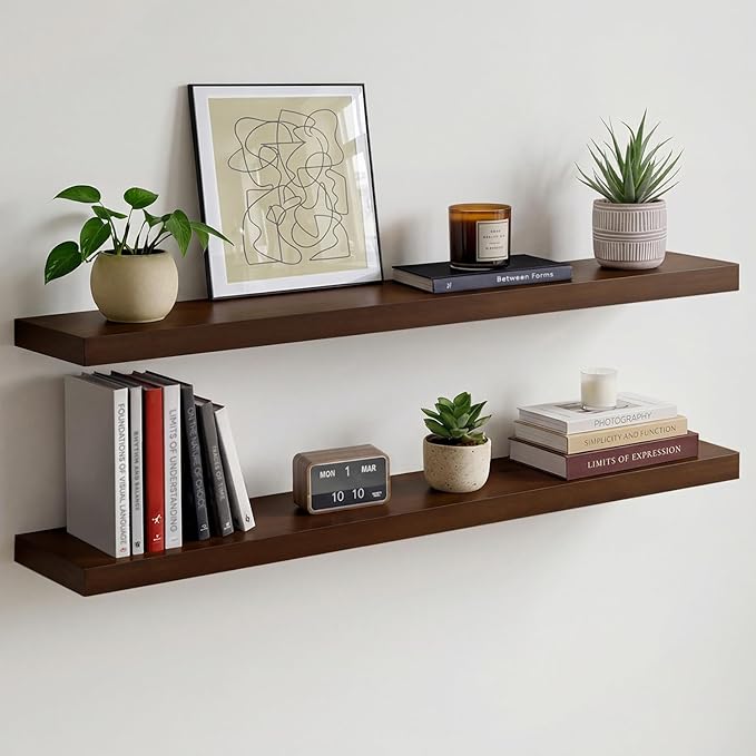 Homeforia Walnut 42 inch Floating Shelves, High End Solid Real Wood 42inch Floating Shelf for Wall, Large Dark Brown 42 inches Long Floating Shelves, Heavy Duty Bracket, 42 X 6.5 X 1.75 inch, Set of 2