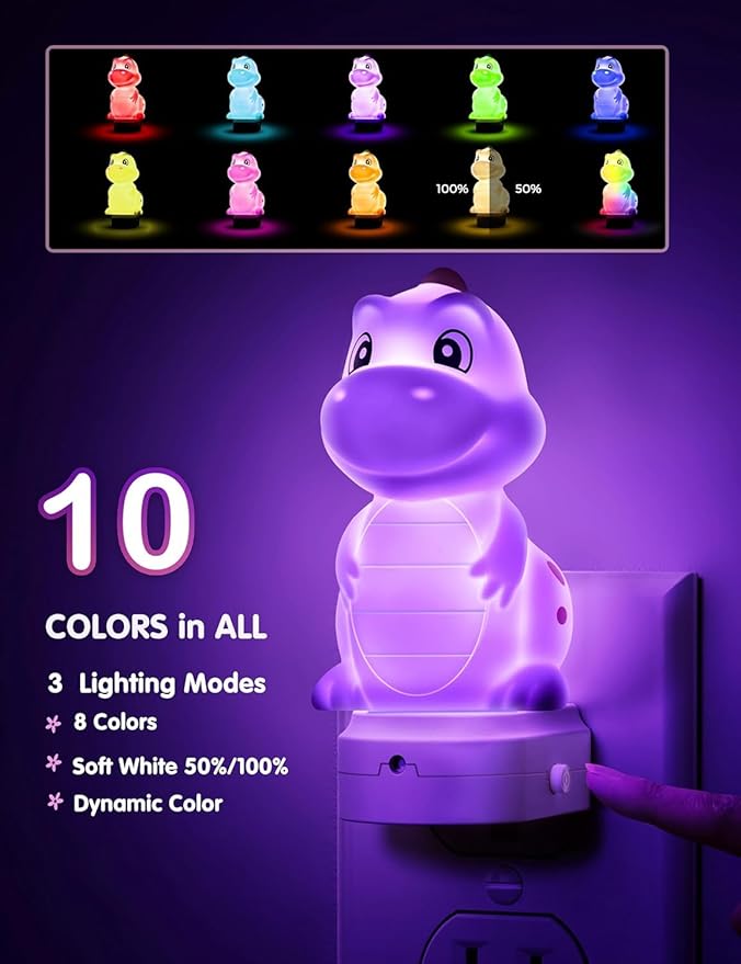 L LOHAS LED Plug in Night Light for Kids, 3D Cute Dinosaur Night Lights with Dusk to Dawn Sensor, RGB+Soft White 3000K Dinosaur Night Light, Christmas Birthday Gift Nightlight for Kids, Room Decor
