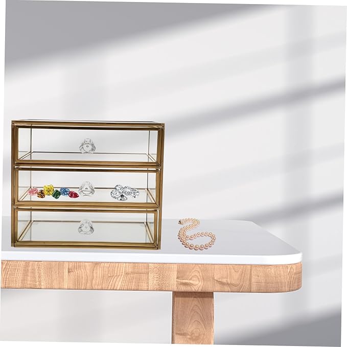Uonlytech Transparent Glass Jewelry Storage Box with Alloy Frame Large Capacity Desktop Organizer for Cosmetics Lipstick Nail Polish Multipurpose Makeup and Accessories Holder for Home and