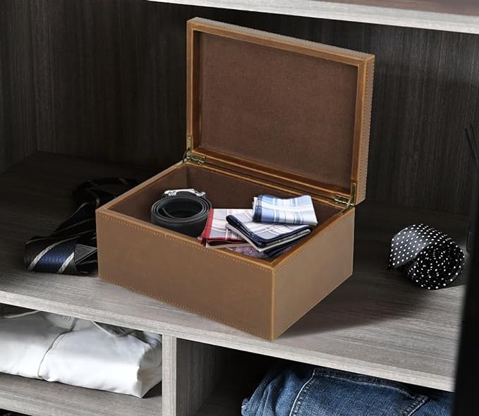 HofferRuffer Faux Leather Decorative Box, Large Wooden Structure Keepsake Box Accessory Organizer Jewelry Organizer with Hinged Lid, Storage Container for Home or Office (Brown)
