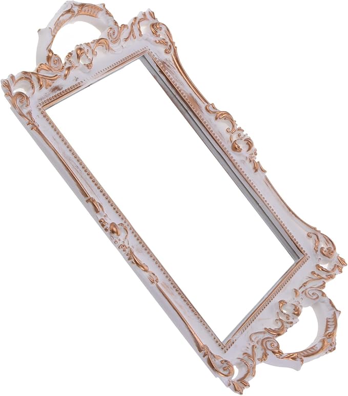 Housoutil European Vintage Gold Mirror Vanity Tray Jewelry Dish Perfume Display Organizer Plastic Makeup Storage Holder for Bedroom and Dressing Table