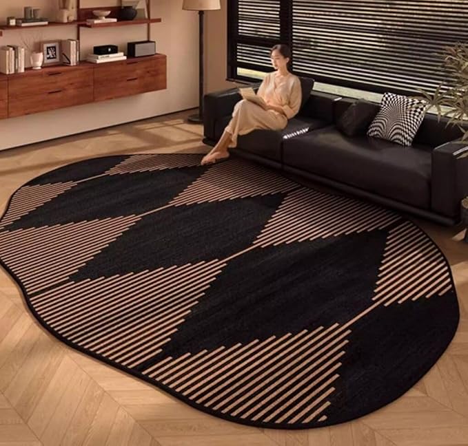 Retro Aesthetics Irregular Area Rug Black Brown Lines Abstract Shaped Rug for Bedroom Living Room Diningroom Waterproof Non Slip Foldable Carpet 10x16 Vintage Home Office Farmhouse Durable Runner Mat