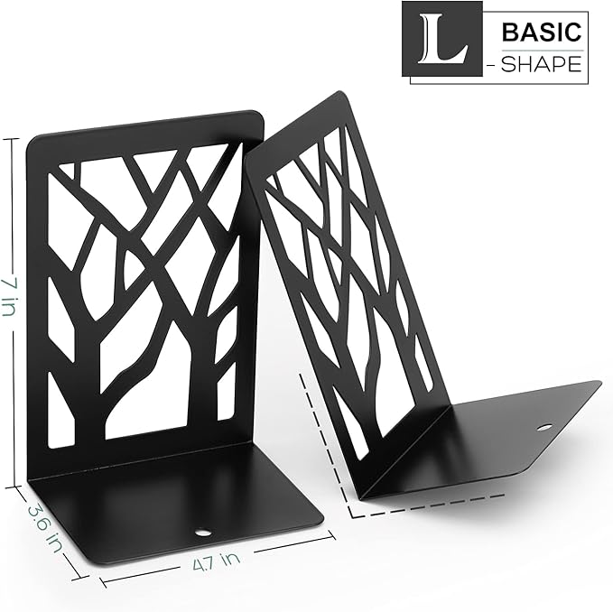 MaxGear Book Ends Tree Design Modern Bookends for Shelves, Non-Skid Bookend, Heavy Duty Metal Book Stopper for Books/CDs, Decorative Books Shelf Home, 7 x 4.7 x 3.5”, Black, 8 Pair/16 Pieces, Large