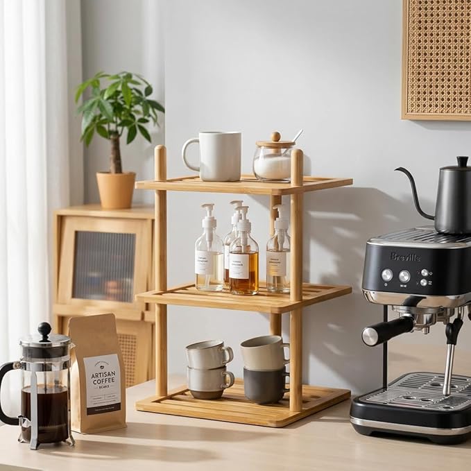 2Pcs 3-Tier Cabinet Organizer Shelf - Bamboo Corner Rack for Kitchen Counter, Cabinet Space Saver for Plates, Dishes, Bowls, Bread - Pantry and Bathroom Storage or Countertop (2, 3Tier-Large-6.7"H)