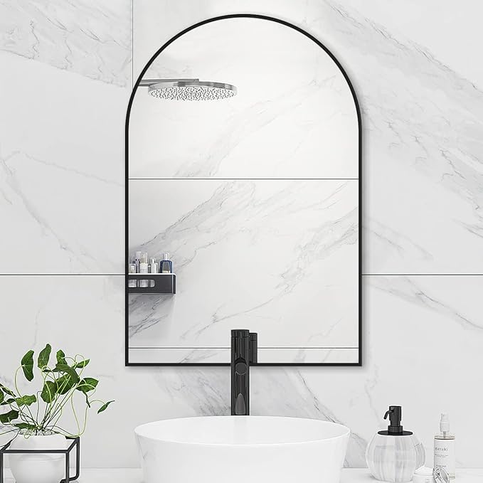 Arched Wall Mirror, Black Decorative Hanging Mirror, 38"x26" Vanity Mirror Brushed Aluminum Alloy Frame for Bathroom, Bedroom, Living Room, Entryway, Hang Vertical or Horizontal
