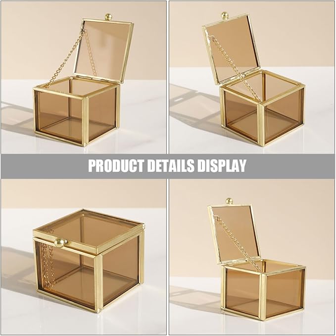 Toyvian Glass Jewelry Box Square Yellow with Lid Small Glass Jewelry Holder Decorative Cosmetic Organizer for Home Storage