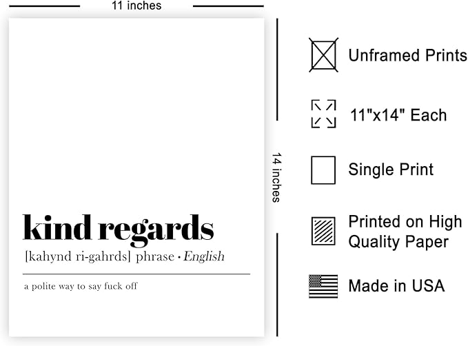 Poster Master Definition of Kind Regards Print - Typography Poster - Dictionary Art - Minimal Gift for Men & Women - Funny Decor for Office, Bedroom or Living Room - 11x14 UNFRAMED Wall Art