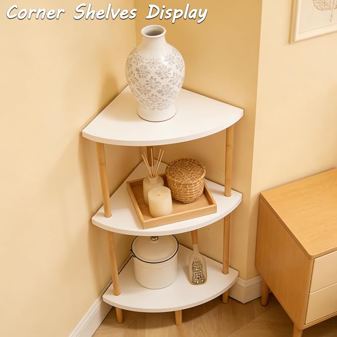 3-Tier Bamboo Corner Shelf - No Screws, Twist & Lock Assembly in 5 Mins, 5-Layer Lacquer Finish, Sturdy & Anti-Tip Design for Kitchen, Bathroom, Living Room, Easy to Clean