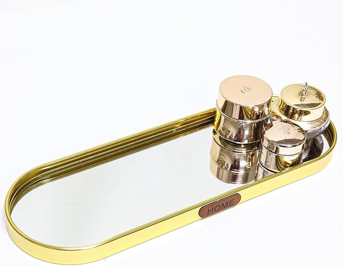 Gold Mirrored Vanity Tray, Large Oval Stainless Steel Perfume Organizer, Decorative Glass Mirror Tray for Jewelry, Makeup, Skincare, Bathroom Countertop & Dresser Decor (Oval-Large)