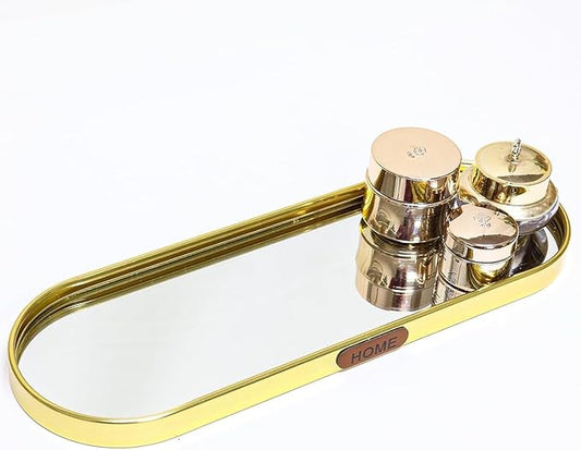 Gold Mirrored Vanity Tray, Large Oval Stainless Steel Perfume Organizer, Decorative Glass Mirror Tray for Jewelry, Makeup, Skincare, Bathroom Countertop & Dresser Decor (Oval-Large)
