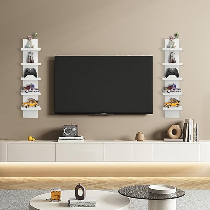 YEXEXINM 5 Tier Wall Shelf Unit White Vertical Column Shelf Floating Storage Home Decor Organizer Narrow Smooth Laminate Finish Utility Shelving Tall Tower Design for Living Room Bedroom Kitchen