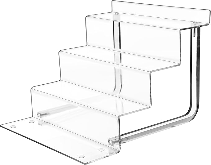 AMT Acrylic Riser Display Stand, 100% Acrylic Clear 4-Tier Organizer for Figures, Cupcake, Perfume, Sunglasses (9 inch x 2.4 inch) 1-pack