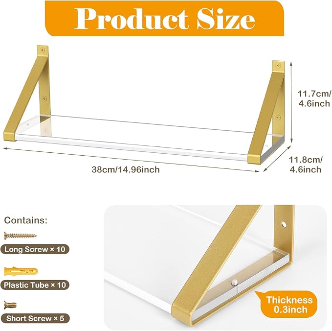 Clear Shelves, Gold Floating Shelves Wall Mounted Set of 2, 8mm Transparent Acrylic, Invisible Wall Shelves for Bedroom, Living Room, Bathroom, Kitchen, Office Display Decor (15in)
