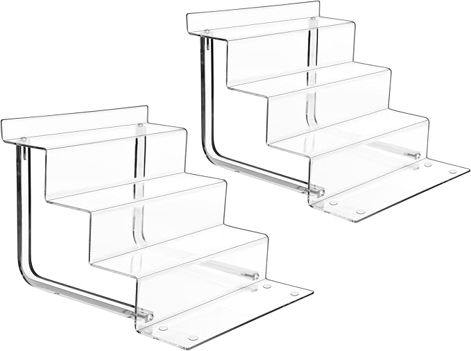 AMT Acrylic Riser Display Stand, 100% Acrylic Clear 4-Tier Organizer for Figures, Cupcake, Perfume, Sunglasses (9 inch x 2.75 inch) 2-pack