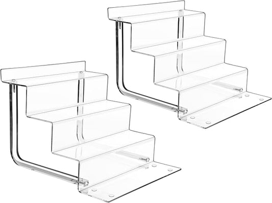 AMT Acrylic Riser Display Stand, 100% Acrylic Clear 4-Tier Organizer for Figures, Cupcake, Perfume, Sunglasses (9 inch x 2.75 inch) 2-pack