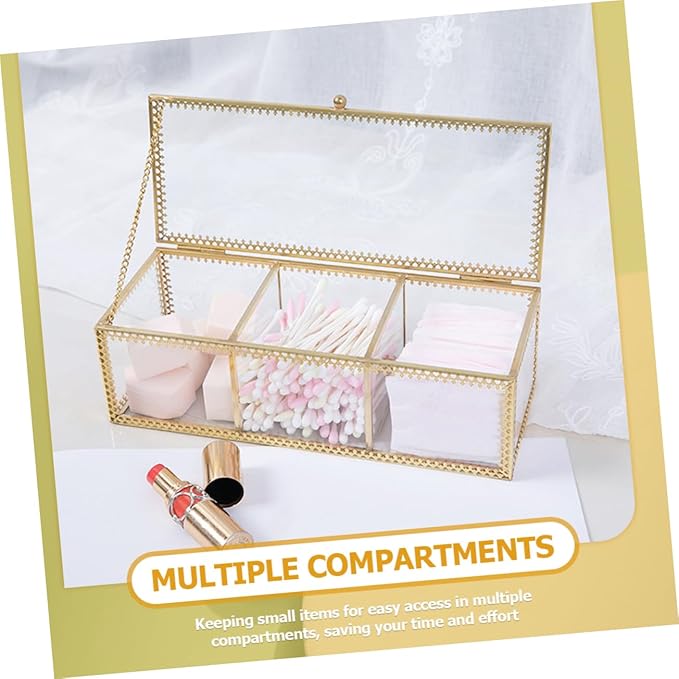 POPETPOP Glass Jewelry Box with Metal Frame Compartments Makeup Organizer and Desk Storage Dustproof Vanity Organizer for Rings Earrings Necklaces Bracelets Watches and Cosmetics