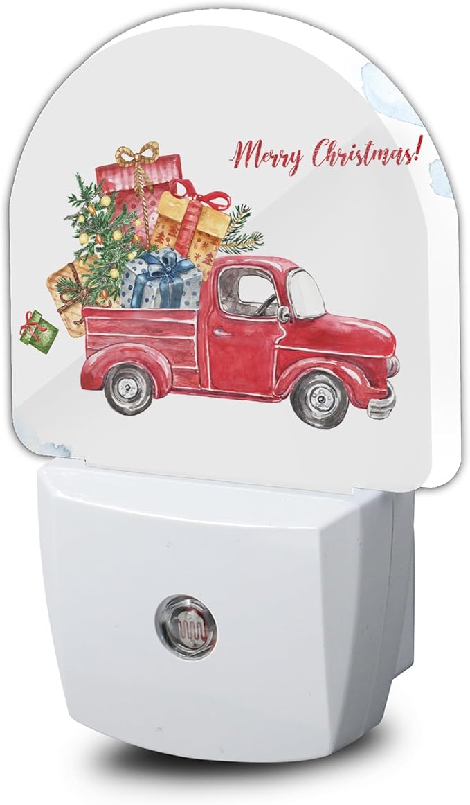 Merry Christmas Night Light,Dusk to Dawn Round Red Truck Gifts Night Lights Plug Into Wall for Home Indoor Staircase Kitchen Corridor