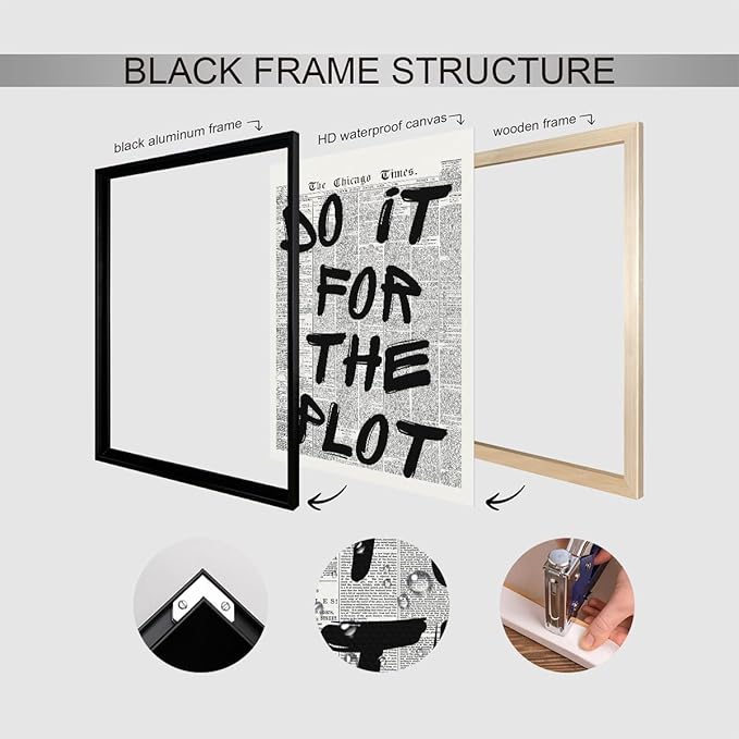 Do It For The Plot Quote Poster, Vintage Black White Newspaper Canvas Wall Art, Trendy Positive Affirmations Picture Print, Charming Inspirational Office Wall Decor 12x16in Framed