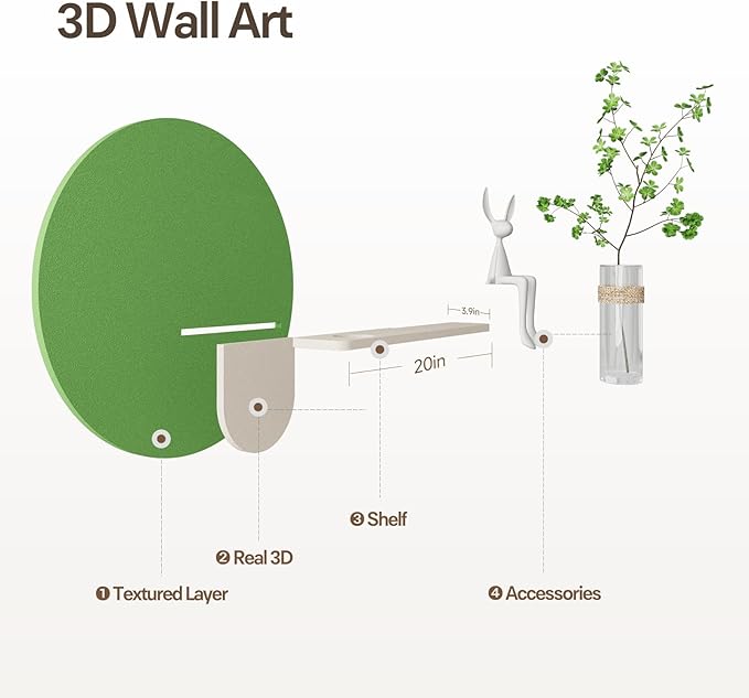 3D Textured Sage Green Round Wall Art Decor with Shelf, Minimalist Green Artwork for Walls with Vase, Sandstone Texture Wall Decor for Living Room, Hallway, Dining Room, Bedroom, Office, 24x24 Inch