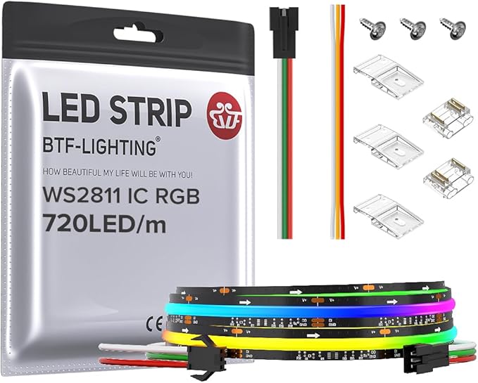 BTF-LIGHTING FCOB WS2811 IC RGB COB LED Strip DC12V 720LED/m 3.2FT Flexible High Density Uniform Chasing Color Light 20IC/m 12mm Width Black PCB for Indoor Decor(No Adapter or Controller)