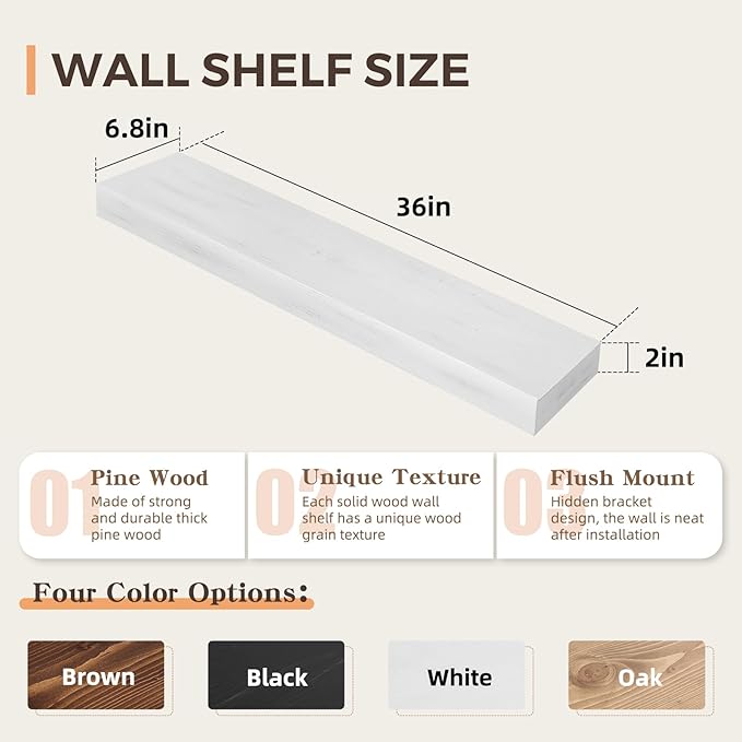 36x6.8x2 Inch Rustic Floating Shelves for Wall Set of 2 - White Solid Wood Wall Mounted Shelves with Invisible Bracket, Extended Design for Farmhouse Living Room Bedroom Kitchen Decor