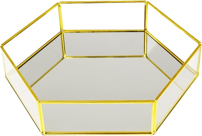 Hexagon Vintage Gold Mirror Glass Vanity Tray,Ornate Geometric and Brass Plated Display Storage Organizer for Makeup Brushes/Lipstick/Skincare/Perfumes/Beauty Room/Bathroom Accessories