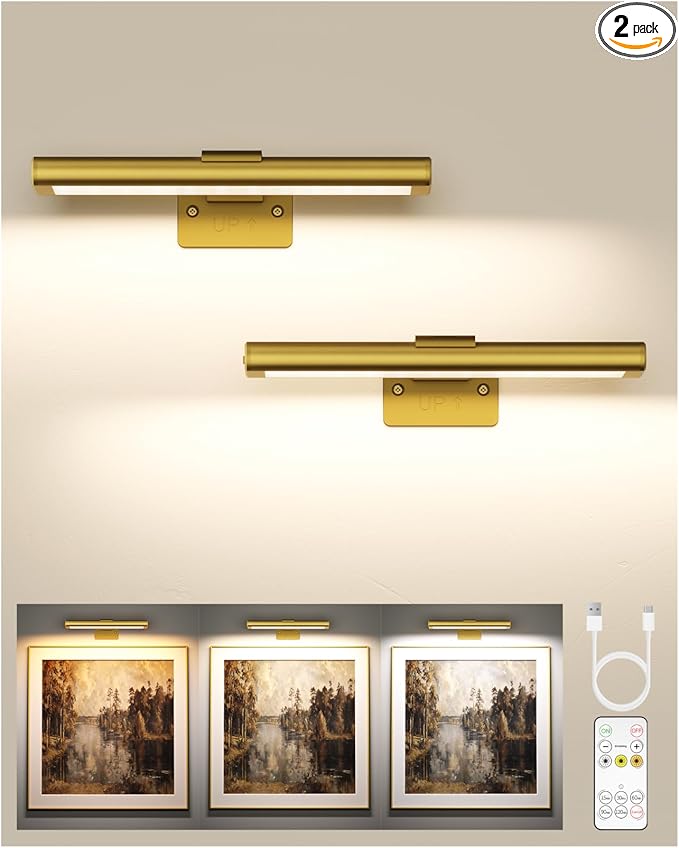 EZVALO Picture Light for Wall, Rechargeable 2400mAh Battery Lights Wireless with IR Remote, 3 Color & Dimmable Magnetic 7.87'' LED Lights Display for Painting, Living Room, Gallery, Bedroom(Gold-2P)