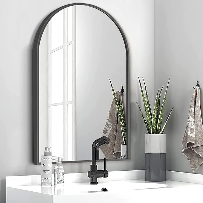 Arched Wall Mirror, Black Decorative Hanging Mirror, 38"x26" Vanity Mirror Brushed Aluminum Alloy Frame for Bathroom, Bedroom, Living Room, Entryway, Hang Vertical or Horizontal