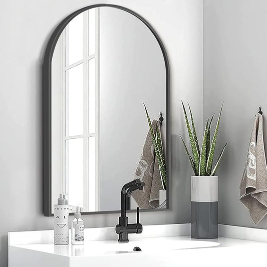 Arched Wall Mirror, Black Decorative Hanging Mirror, 38"x26" Vanity Mirror Brushed Aluminum Alloy Frame for Bathroom, Bedroom, Living Room, Entryway, Hang Vertical or Horizontal